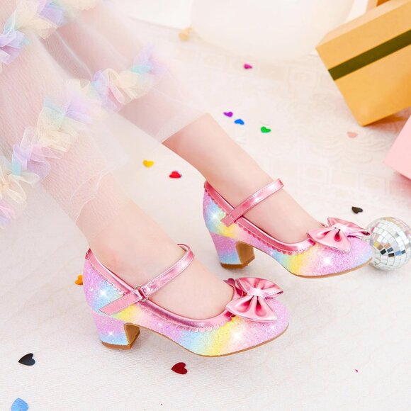 Girls Rainbow Sequins Cute Bow-knot Sparkle Mary Jane Flower Wedding Dress Shoes - Picture 7 of 7